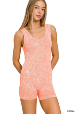 Stone Washed Ribbed Seamless Romper - Coral