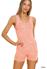 Stone Washed Ribbed Seamless Romper - Coral
