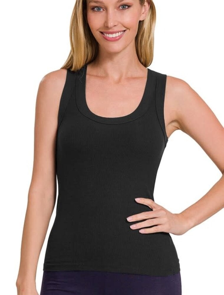 Ribbed Scoop Neck Tank Top - Black