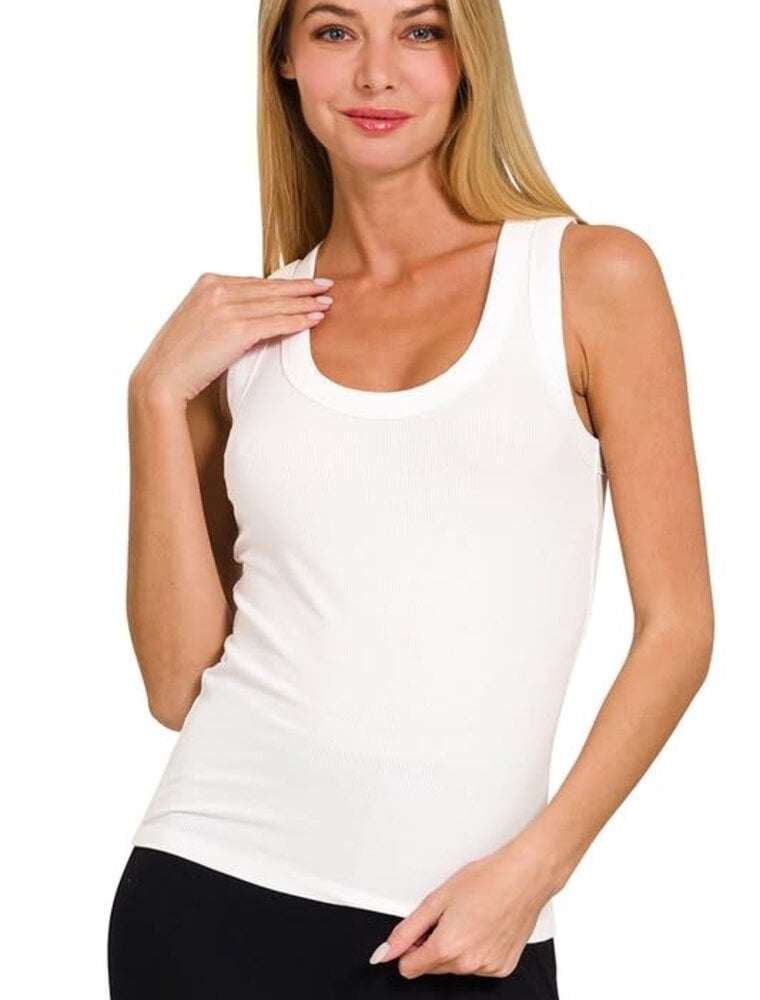 Ribbed Scoop Neck Tank Top - Off White