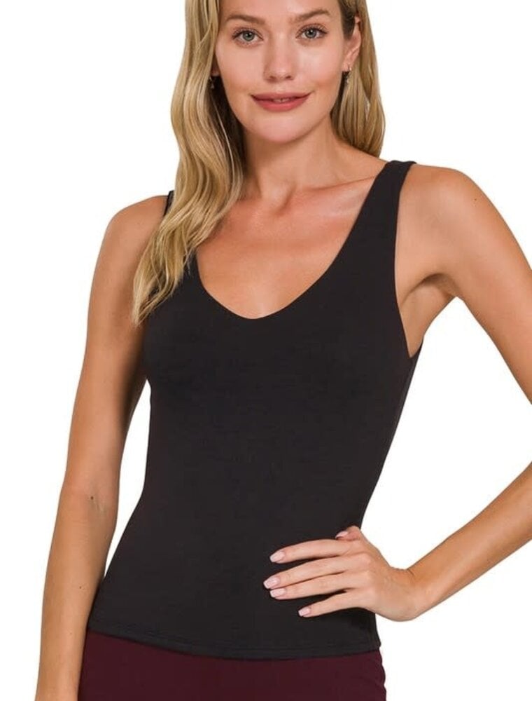 Double Layered V-Neck Tank Top - Black