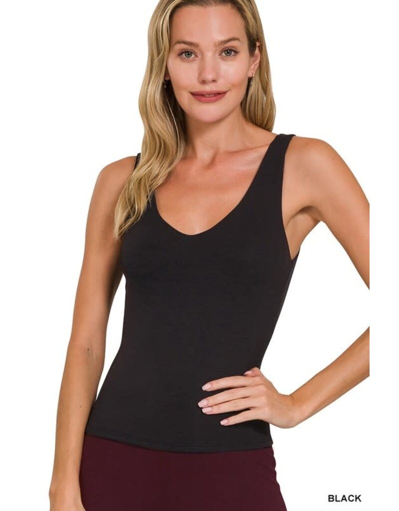 Double Layered V-Neck Tank Top - Black