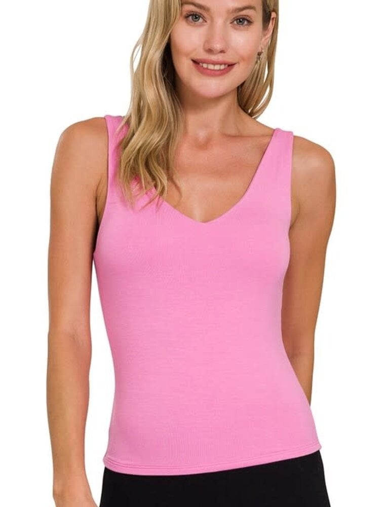 Double Layered V-Neck Tank Top - Candy Pink