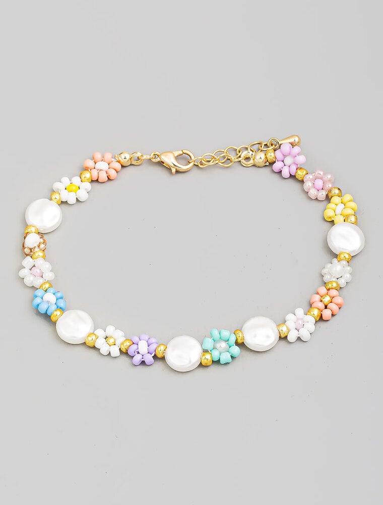 Beaded Flowers And Pearl Chain Bracelet