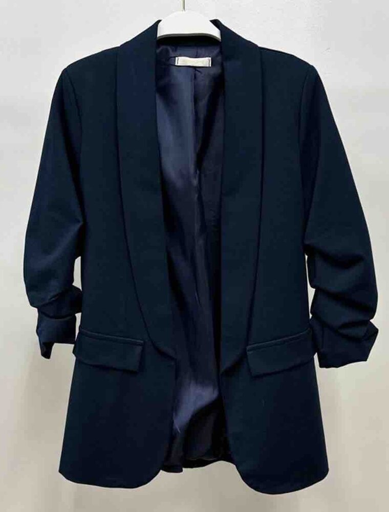 Ruched Sleeve Stretch Blazer - Navy