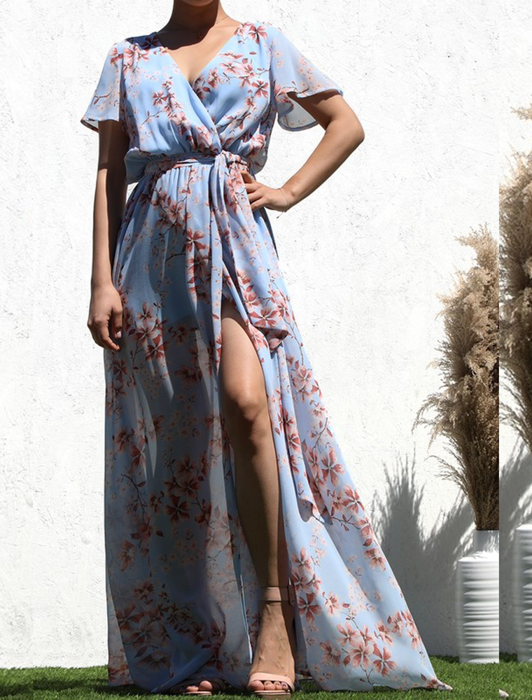 V Neck Woven Maxi Dress - Blue