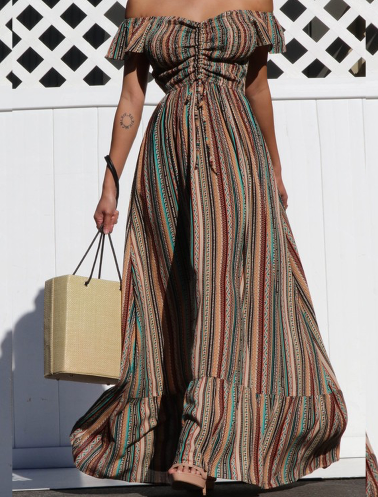 Off Shoulder Woven Maxi Dress - Multi