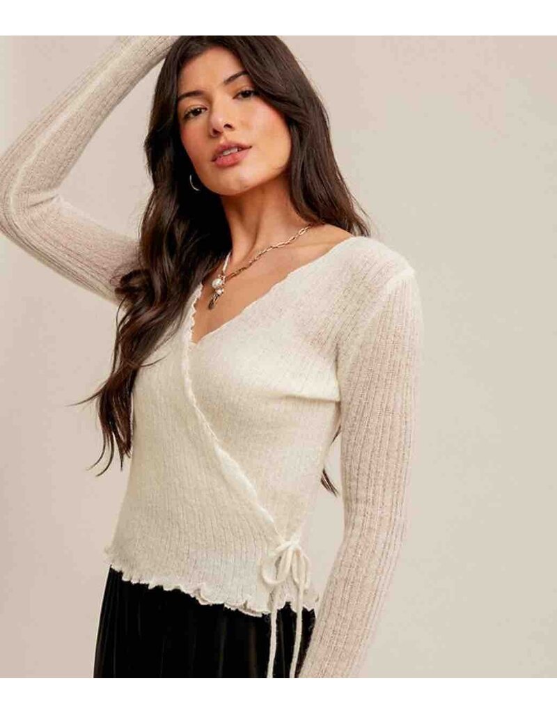 Pointelle Tie  Waist Sweater Top - Off White