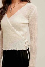 Pointelle Tie  Waist Sweater Top - Off White