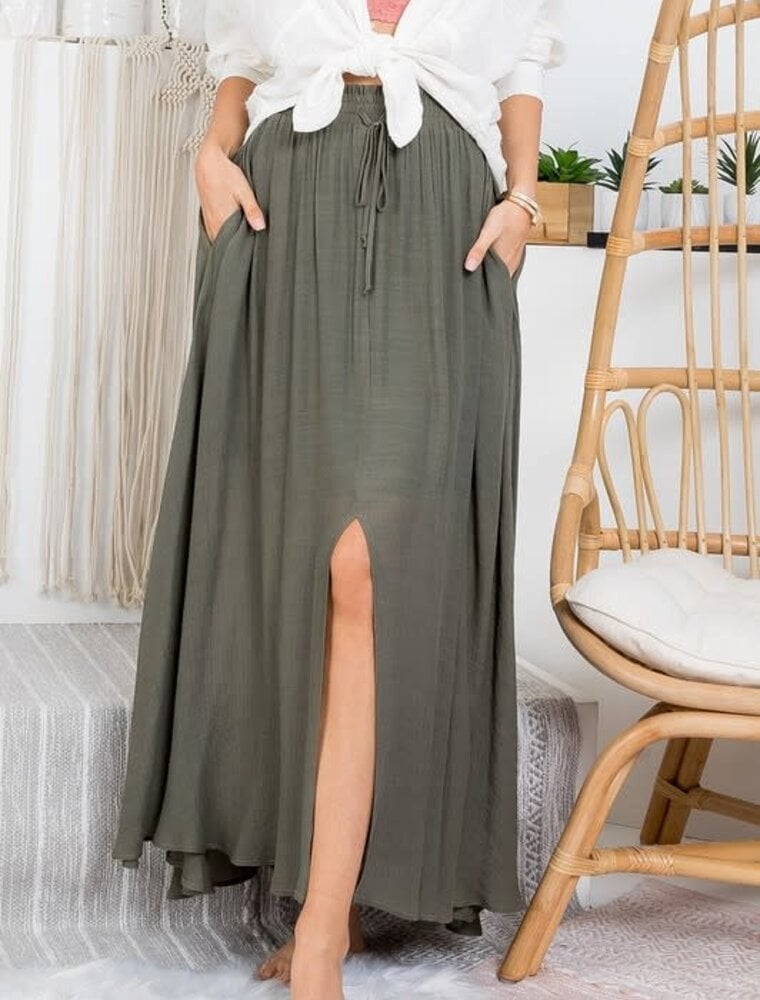 Smocked Drawstring Maxi Skirt - Olive