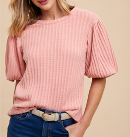Puff Sleeve Textured Knit Top - Rose