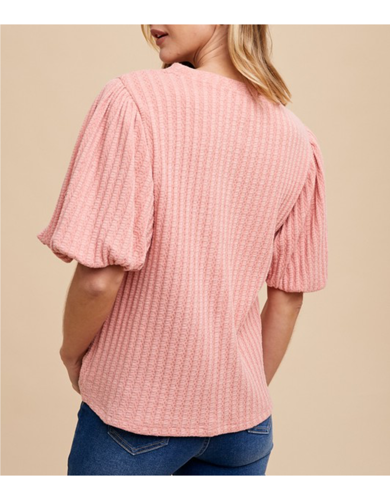 Puff Sleeve Textured Knit Top - Rose
