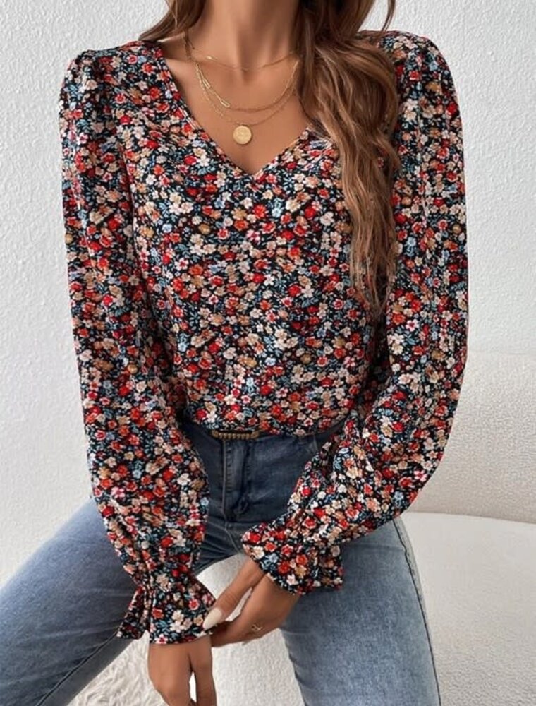 V Cut Lace Puff Sleeve Floral Blouse - Red