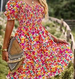 Floral Print Fit Short Sleeve A Line Dress
