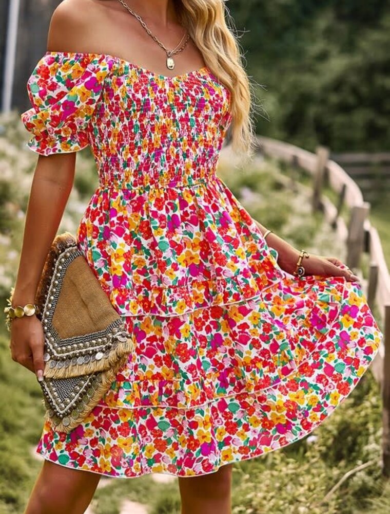 Floral Print Fit Short Sleeve A Line Dress