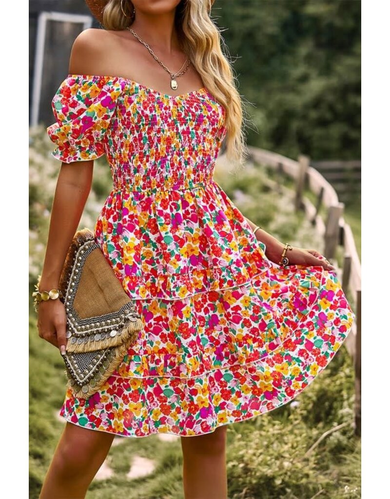 Floral Print Fit Short Sleeve A Line Dress