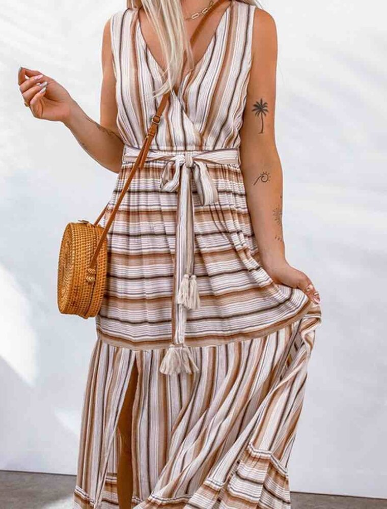 Striped V Neck Sleeveless Maxi Dress