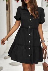 Button Front Open Solid Dress - Black