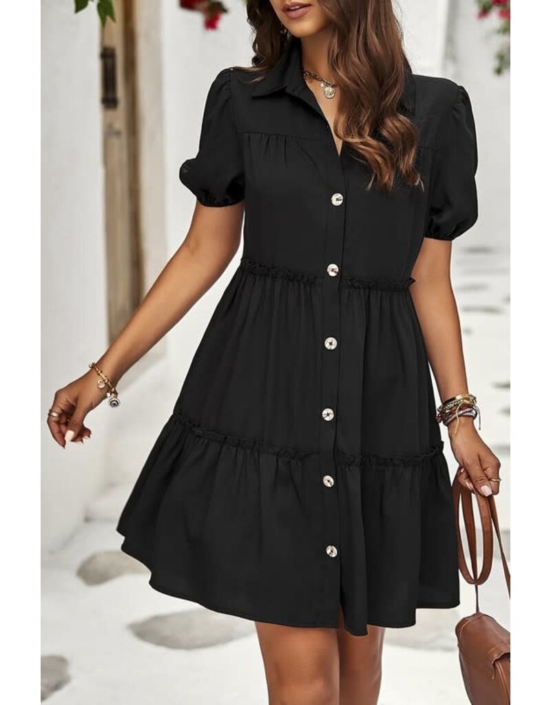 Button Front Open Solid Dress - Black