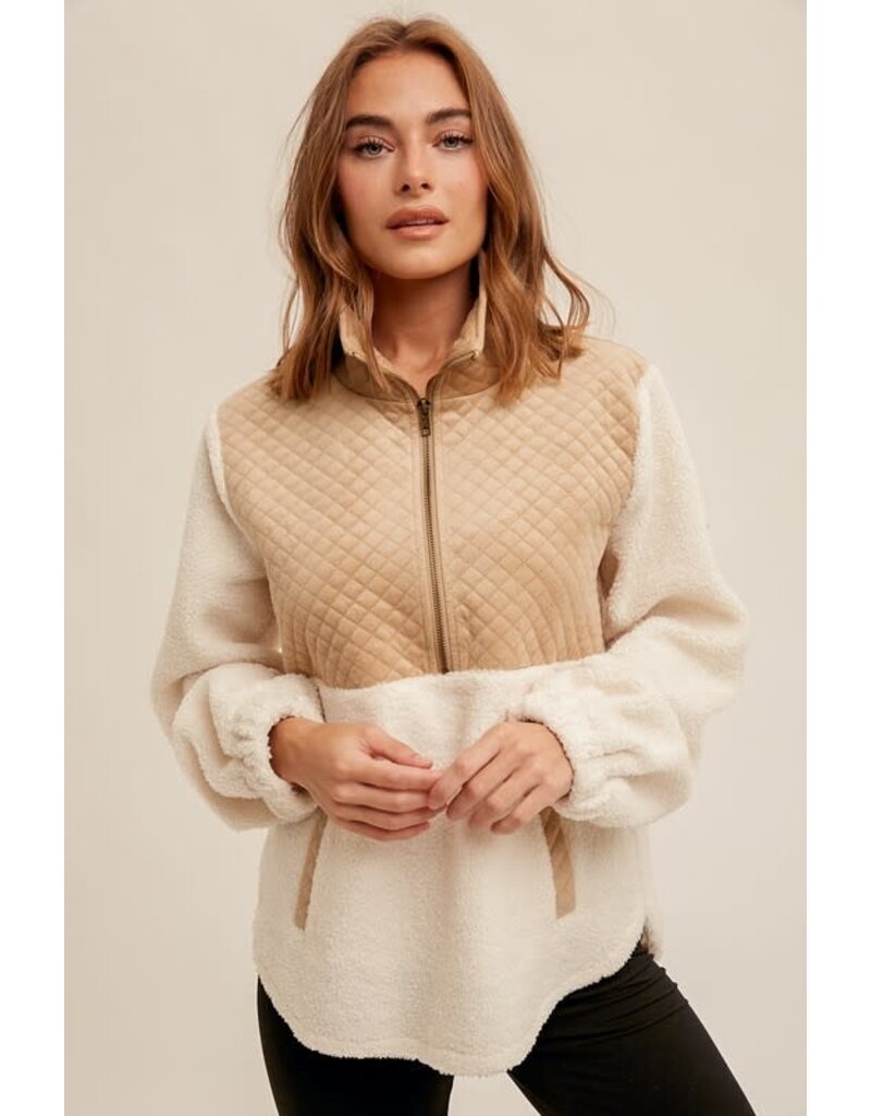 Quilted Detailed Sherpa Pullover - Cream