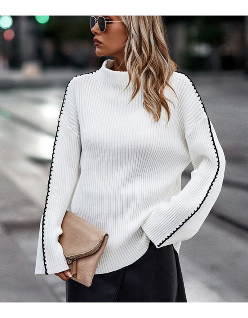 Strip Color Block High Neck Sweater - White