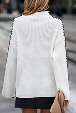 Strip Color Block High Neck Sweater - White