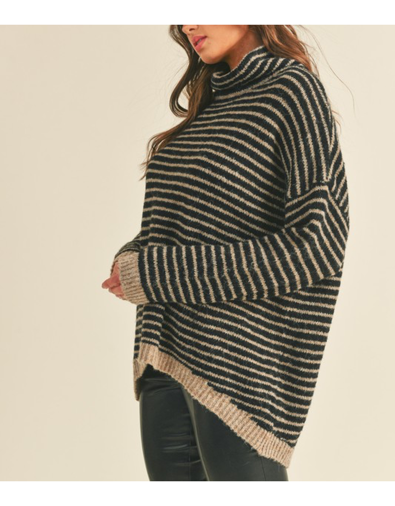 Striped Turtleneck Sweater - Black/Taupe