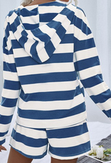 V Neck Striped Long Sleeve Hoodie - Blue