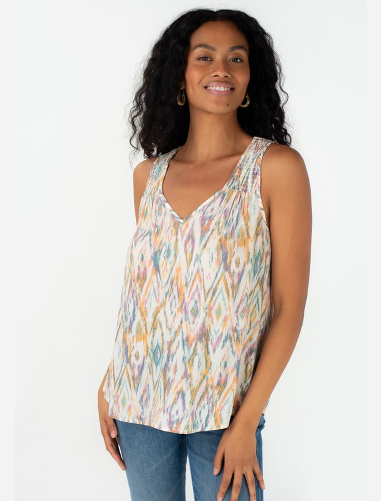 Bohemian Geo Print Smocked V Neck Tank Top