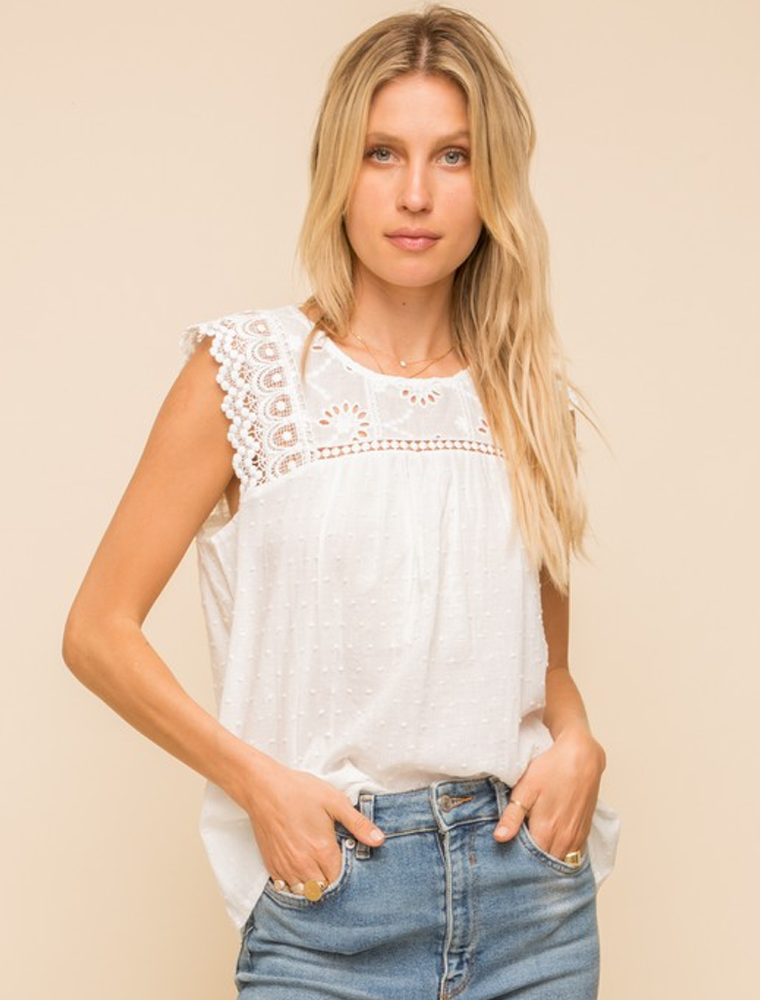 Lace Trimmed Swiss Dot Sleeveless Top
