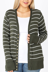 Striped Snap Cardigan Full Sleeve - Dark Olive