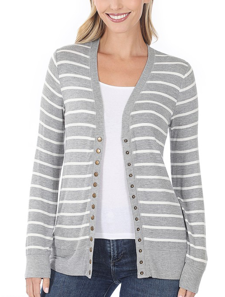 Striped Snap Cardigan Full Sleeve - H. Grey