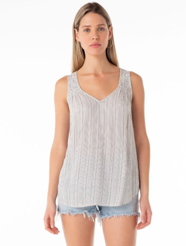 Smocked Shoulder V Neck Stripe Tank Top - Off White/Black