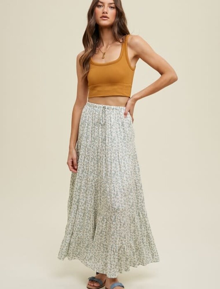 Floral Tiered Maxi Skirt With Drawstring - D. Sage