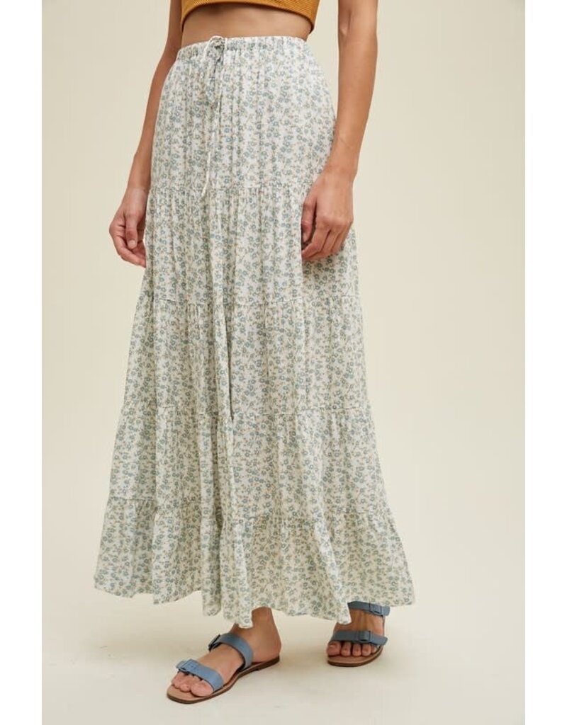 Floral Tiered Maxi Skirt With Drawstring - D. Sage