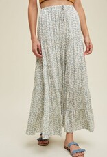 Floral Tiered Maxi Skirt With Drawstring - D. Sage