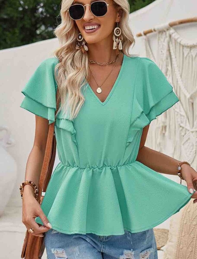 V Neck Peplum Ruffle Top - Lake Green