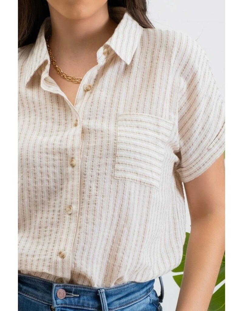 Emerson Striped Short Sleeve Button Up - Khaki