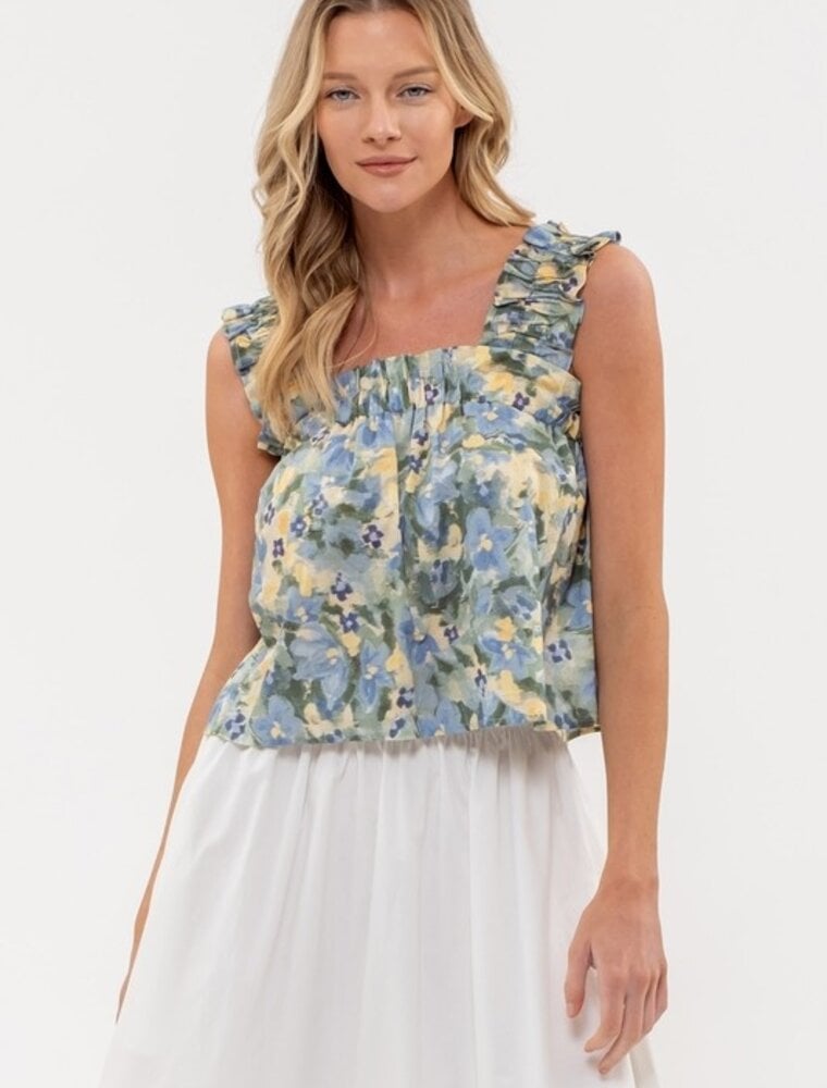 Daisy Water Color Tank Top - Sage Multi