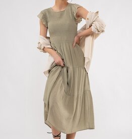 Iris Smocked Tiered Midi Dress - Light Olive