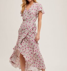 Floral Print Ruffle Hem Wrap Maxi Dress - Rose