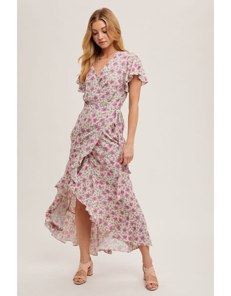 Floral Print Ruffle Hem Wrap Maxi Dress - Rose