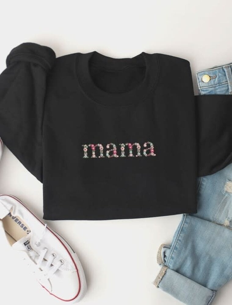 Floral Mama Embroidered Fleece Sweatshirt - Black