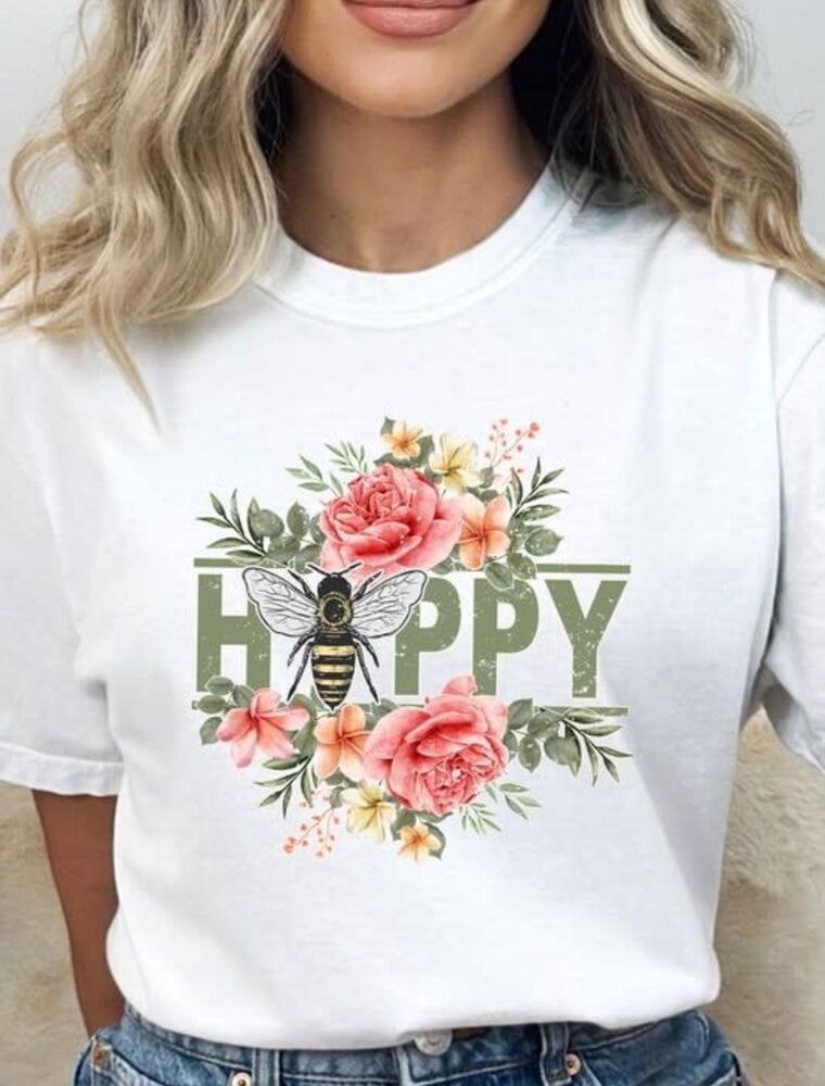 Bee Happy Floral Comfort Colors Tee - White