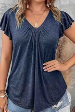 V Neck Ruffle Sleeve Top - Navy