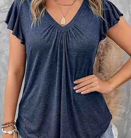 V Neck Ruffle Sleeve Top - Navy