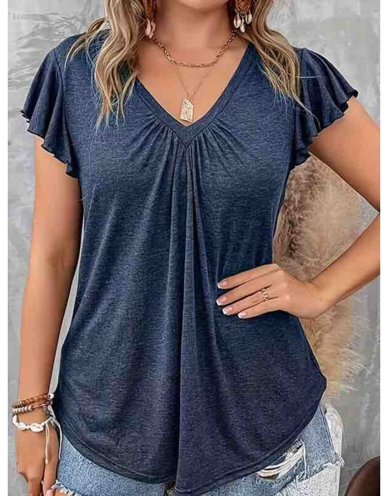 V Neck Ruffle Sleeve Top - Navy