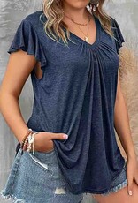 V Neck Ruffle Sleeve Top - Navy