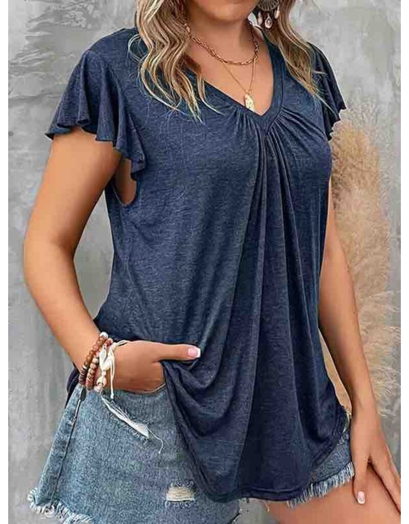 V Neck Ruffle Sleeve Top - Navy