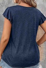 V Neck Ruffle Sleeve Top - Navy